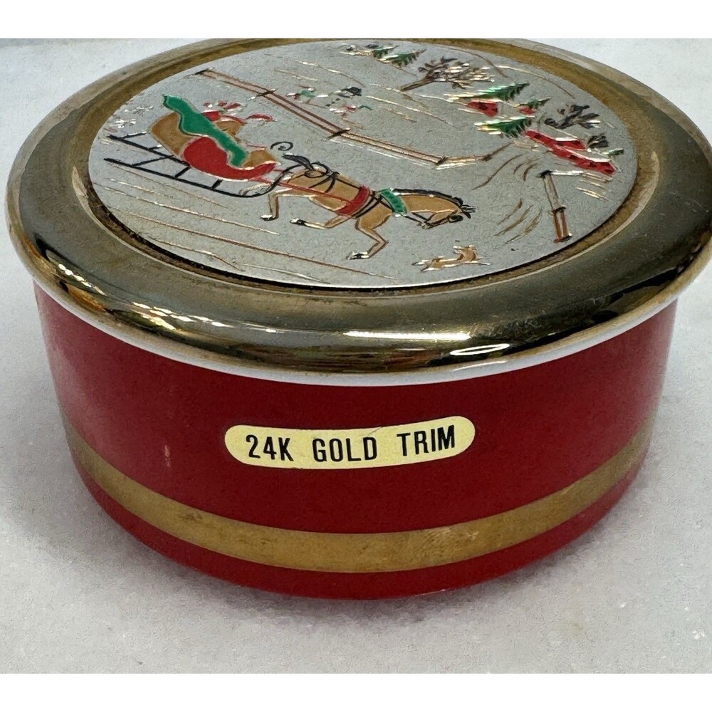 Vintage Happy Holidays Himark Japan Sleigh Ride Scene Trinket Dish 24K Trim